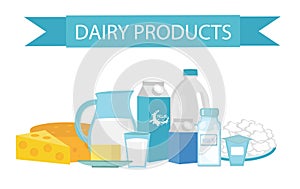 Milk products still-life. Flat style. Dairy isolated on white background. and cheese. Farm . Vector illustration