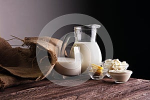 milk products. tasty healthy dairy products on a table.