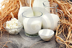 Milk products. tasty healthy dairy products on a table on