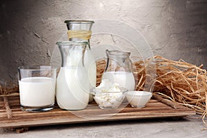 Milk products. tasty healthy dairy products on a table on