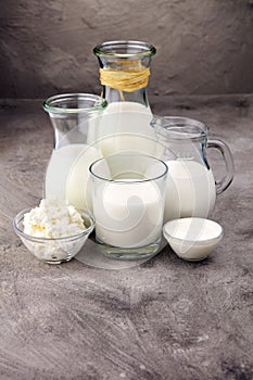 Milk products. tasty healthy dairy products on a table on