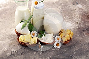 Milk products. tasty healthy dairy products on a table on. mozzarella in a bowl, cottage cheese bowl, butter swirls, glass bottle