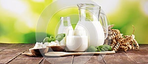 Milk products. tasty healthy dairy products on a table. sour cream in a white bowl, cottage cheese bowl, cream in a a bank and