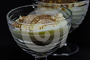 Milk pudding with vanilla ice-cream in glass dishes