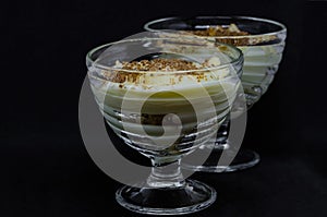 Milk pudding with vanilla ice-cream in glass dishes