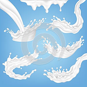 Milk realistic splatter and splashes. Isolated white liquid drops, dripping yogurt or creamy. Fresh dairy splash