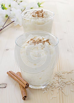 Milk rice pudding desserts in a glass