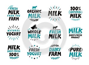 Milk set icons. Food, drink symbol. Text vector illustration