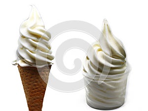 Milk soft serve ice cream in a cone and a cup