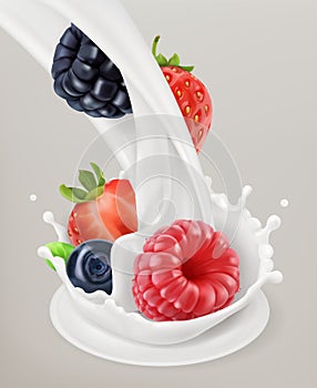 Milk splash and berry. 3d vector object
