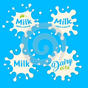 Milk splash blot on beige background signs collection. Vector illustration top view logos set. Milky fresh product logo