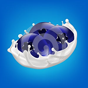 Milk splash with blueberry 3d vector background illustration