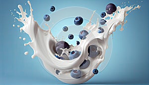 Milk splash Blueberry flying 3d illustration product pouring refresh splashing group dripped commercial fruit yogurt sweet healthy