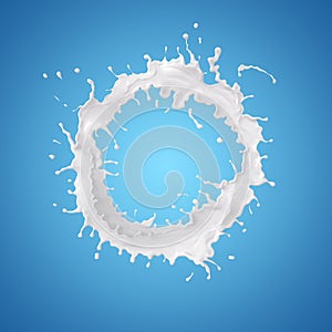 Milk splash in circle shape Isolated on blue background, Milk sp