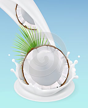 Milk splash and coconut. 3d vector object