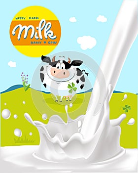 Milk splash cow and farm board backgroundMilk Splash, Cow and Green Farm Land Design with Logo - Vector Illustration