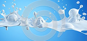 Milk splash or cream wave with drops on blue background, wide illustration.