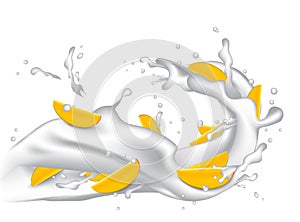Milk splash 3d illustration with slices of mango, peach, apricot