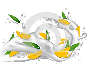 Milk splash 3d illustration with slices of mango, peach, apricot