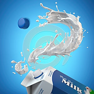 Milk splash in form of question mark and packaging of tetra pack or carton box. FAQ on the choice of milk and its properties