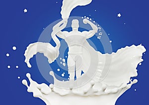 Milk splash in the form of a superhero, consisting of white protein, sports nutrition or yogurt splash on a blue background, 3d