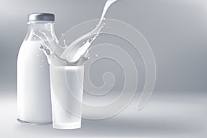 Milk splash in glass bottle. Realistic 3d vector illustration