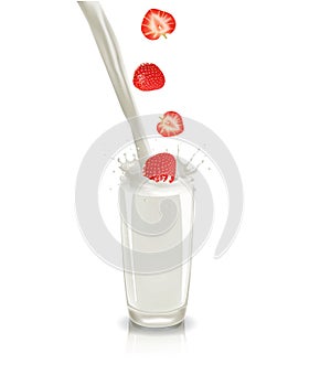 Milk splash in glass with falling strawberries, realistic vector illustration