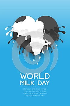 Milk splash Love Heart shape layer with cow pattern, World Milk Day concept flat design illustration