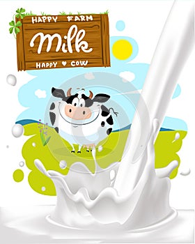 Milk Splash With Painted Nature Farm, Wooden Board and Milk Logo - Vector Illustration Design