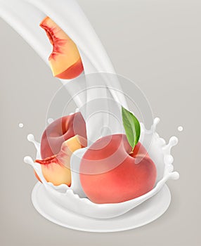 Milk splash and peach. 3d vector object