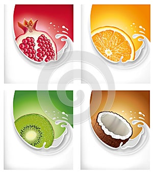 Milk splash with pomegranate, orange, kiwi, coconut