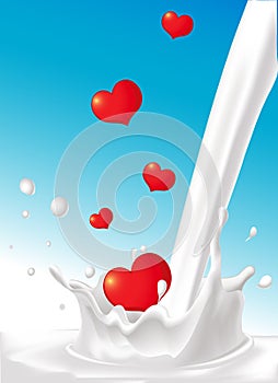 Milk splash pour milk falling heart design - love vector