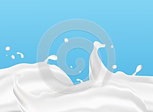 Milk splash seamless pattern. 3d realistic yogurt wave border on blue background. Vector milk package design. photo