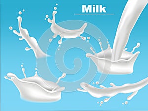 Milk splash set collection Vector realistic. Fresh pouring liquid organic eco product templates. 3d illustrations
