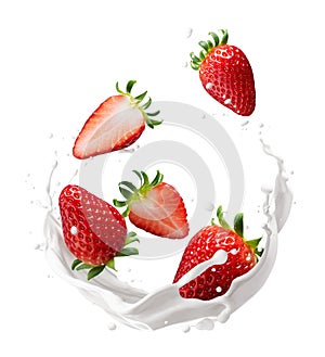 Milk splash with strawberries isolated