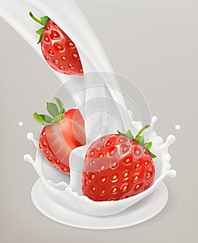 Milk splash and strawberry. 3d vector object