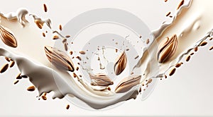 Milk splash swirls and almond for demonstration food shot background.ai generated images