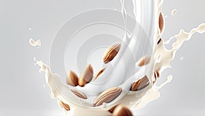 Milk splash swirls and almond for demonstration food shot background.ai generated images