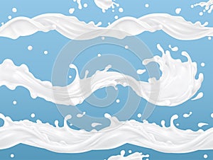 Milk splash wave seamless vector pattern. 3d vector set. Package design