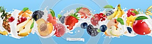 Milk splash. Yogurt with fruits and berries. 3d vector realistic set