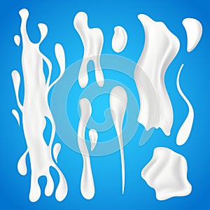 Milk splashes vector set. 3D realistic liquid natural dairy products in various shapes, organic drink yogurt swirls or creamy