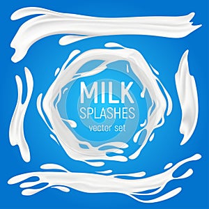 Milk splashes vector set. 3D realistic liquid natural dairy products in various shapes, organic drink yogurt swirls or creamy