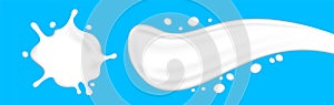 Milk splashing for banner, white milk drop splash, droplet milk shape isolated on light blue for banner background