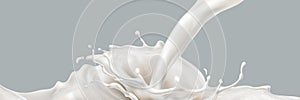 Milk splashing effect. Liquid beverage pouring down. Design element for advertising. Vector 3d realistic illustration