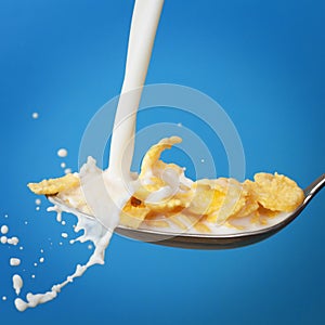 Milk splashing into spoon with cornflakes