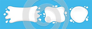 Milk splashing, white milk drop splash, droplet milk shape isolated on light blue for banner background