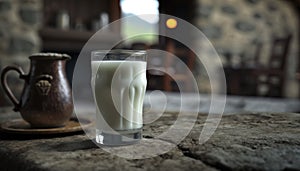 Milk On Stone, Blurred Background, Rustic Pub. Generative AI photo