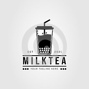 milk tea and bubble drink logo vector illustration design. vintage bubble tea isolated logo for beverage cafe