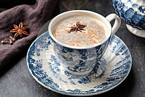 Milk tea chai latte refreshing morning organic healthy traditional hot beverage drink with natural aroma spices blend