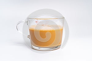 Milk tea or popularly known as The Tarik in Malaysia, with a red lip stamped on it isolated on the white background center of the